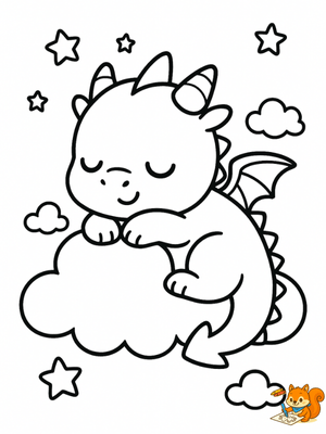 Dibujo de dragón dormido sobre una nube para imprimir y pintar