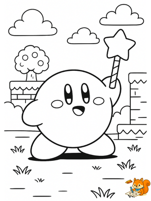 Kirby feliz con varita estelar en un mundo de fantasía – dibujos bonitos