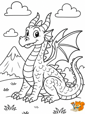 Dragón sonriente en paisaje de fantasía para colorear – dibujos bonitos