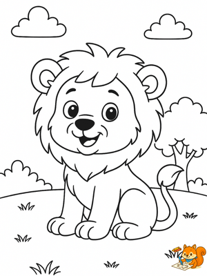 León infantil sonriente en paisaje natural para colorear – dibujos bonitos
