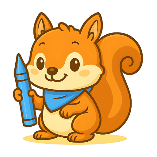 Chispas, la ardilla de Dibujos Bonitos, sonriendo y sujetando una cera azul sobre fondo blanco