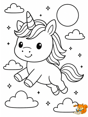 Unicornio adorable en el cielo para imprimir