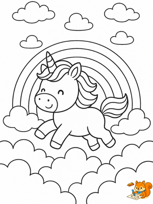 Unicornio feliz saltando sobre un arcoíris para imprimir