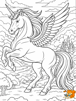 Unicornio imponente en paisaje mágico para imprimir