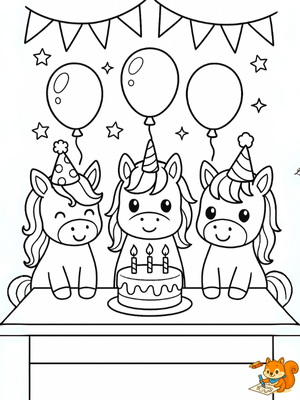 Unicornios en una mesa de cumpleaños para colorear