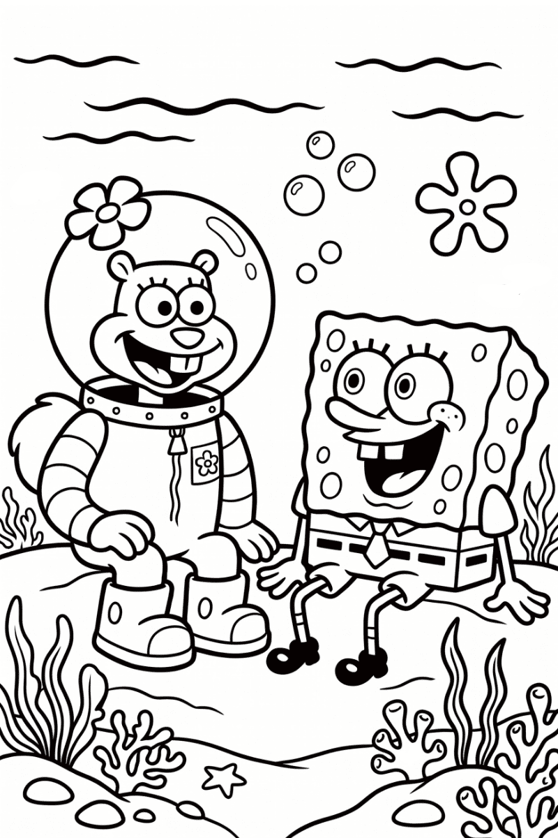 Arenita Bob Esponja dibujo sentados juntos en el fondo del mar - dibujo para colorear
