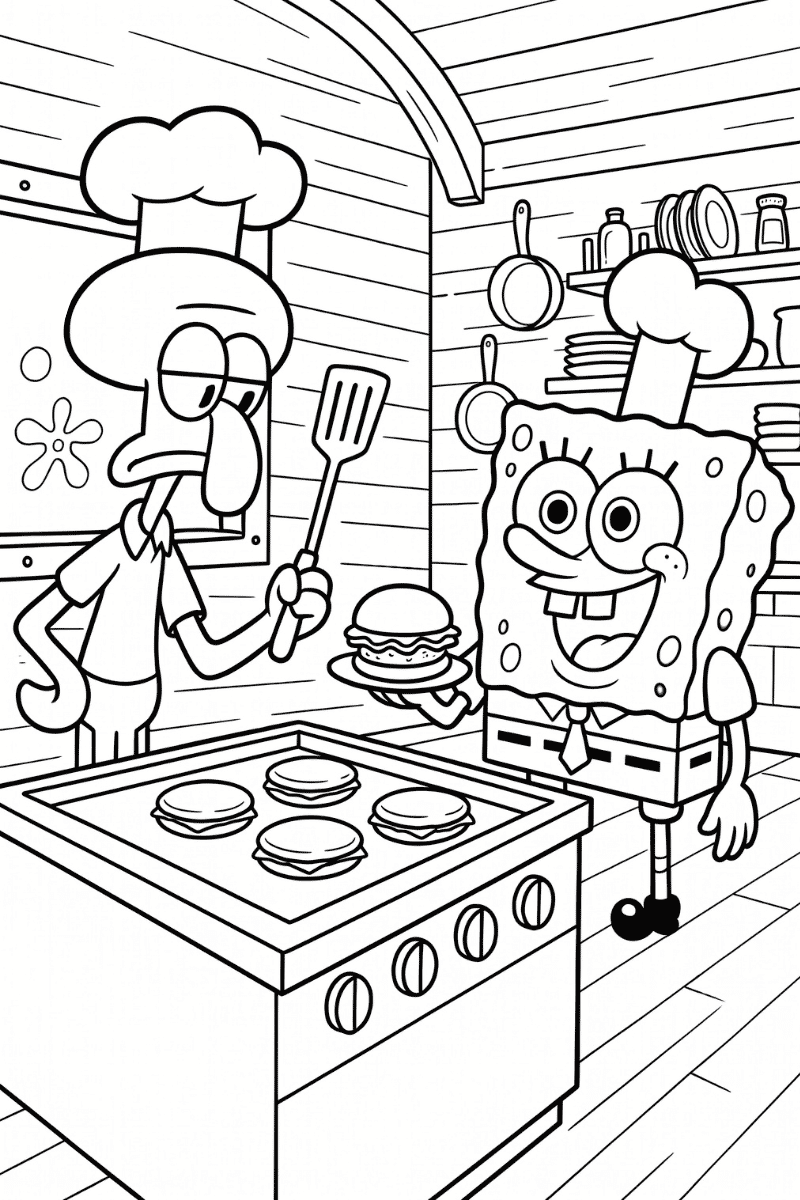 Calamardo cocinando hamburguesas para colorear