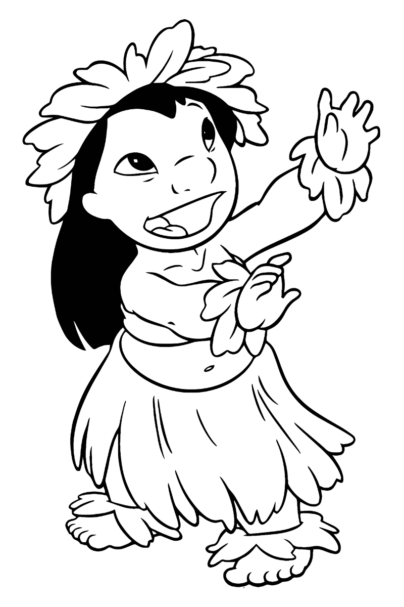 dibujos de Lilo bailando hula con falda y corona de hojas, listo para colorear