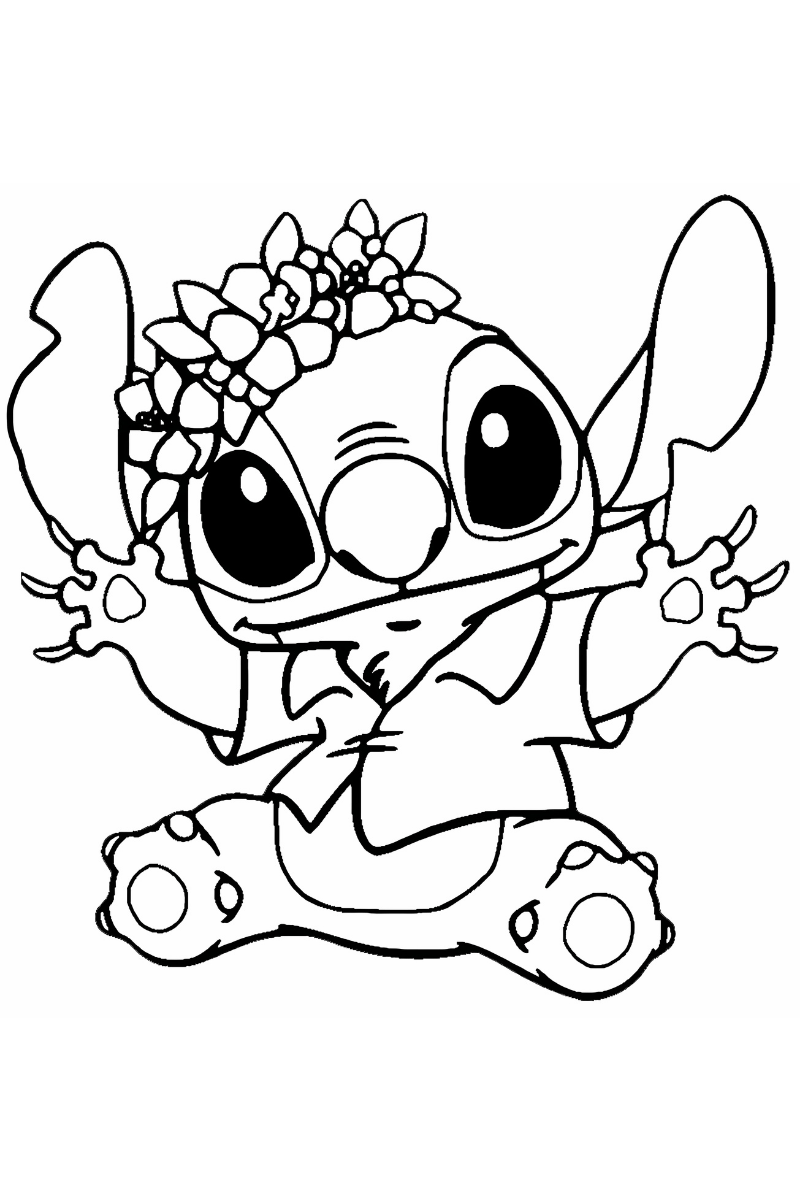 Dibujo para colorear de Stitch kawaii con corona de flores para imprimir y colorear
