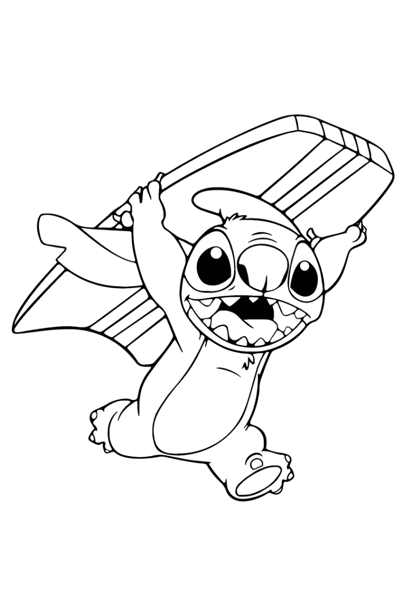 Dibujo para colorear de Stitch con tabla de surf en movimiento