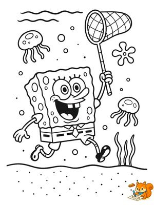 Dibujo para colorear: Bob Esponja cazando medusas