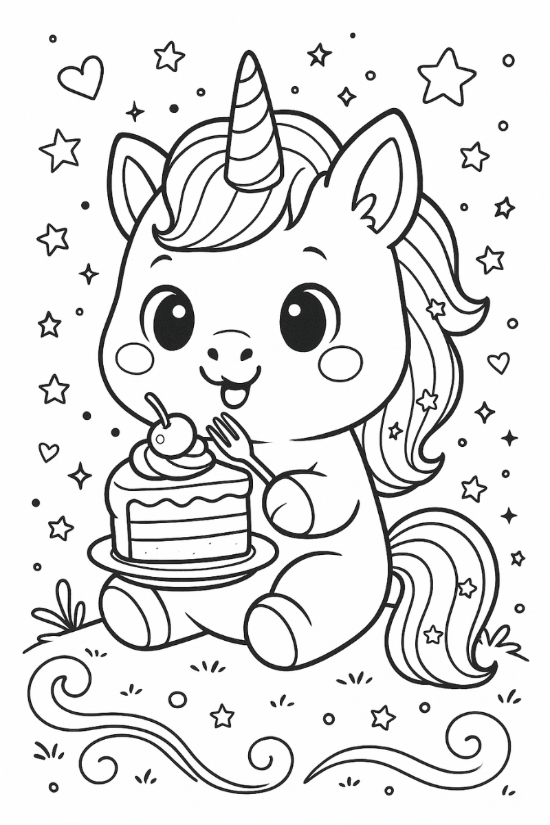 Dibujos de unicornios para imprimir - Unicornio Kawaii comiendo tarta