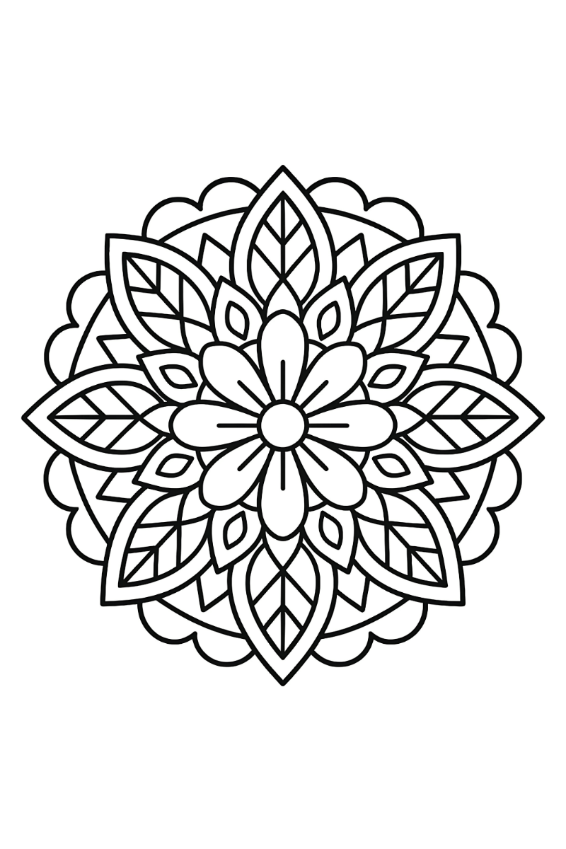 Mandala de flores para niños con hojas grandes y pétalos simétricos para colorear