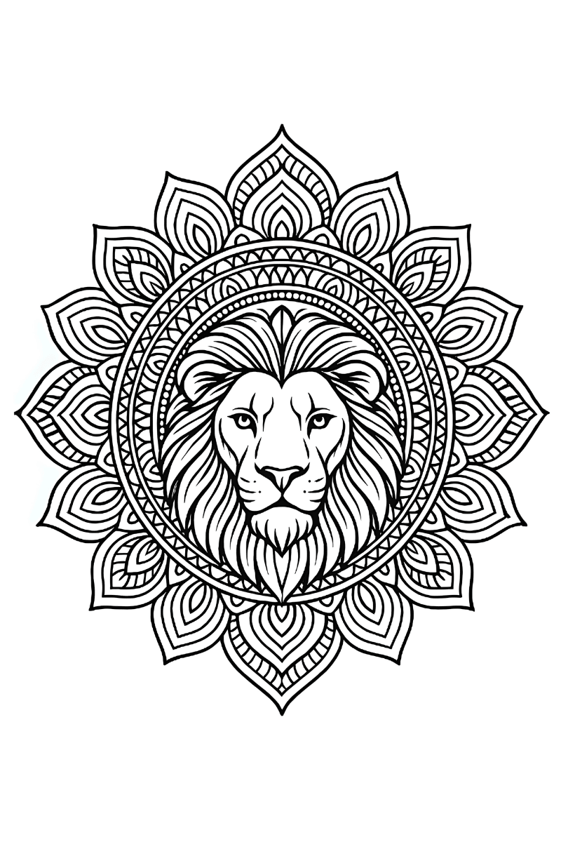 Mandala leon majestuoso con melena detallada, rodeado de pétalos simétricos para colorear