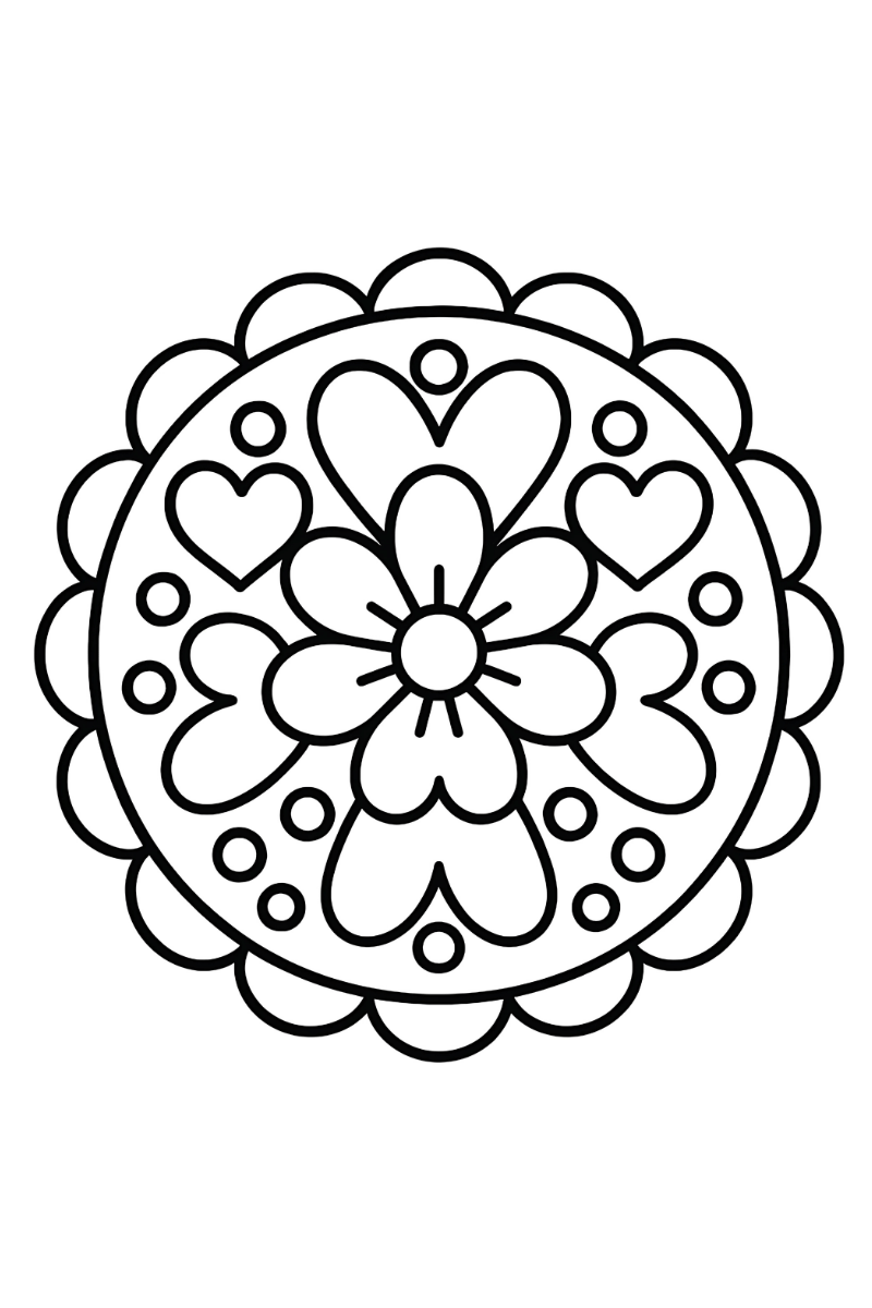 Mandala para niños de 3 a 6 años con corazones y flores grandes para colorear