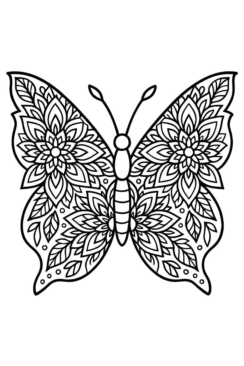 mandalas de mariposas con alas decoradas con flores y hojas, ideal para colorear y relajarse