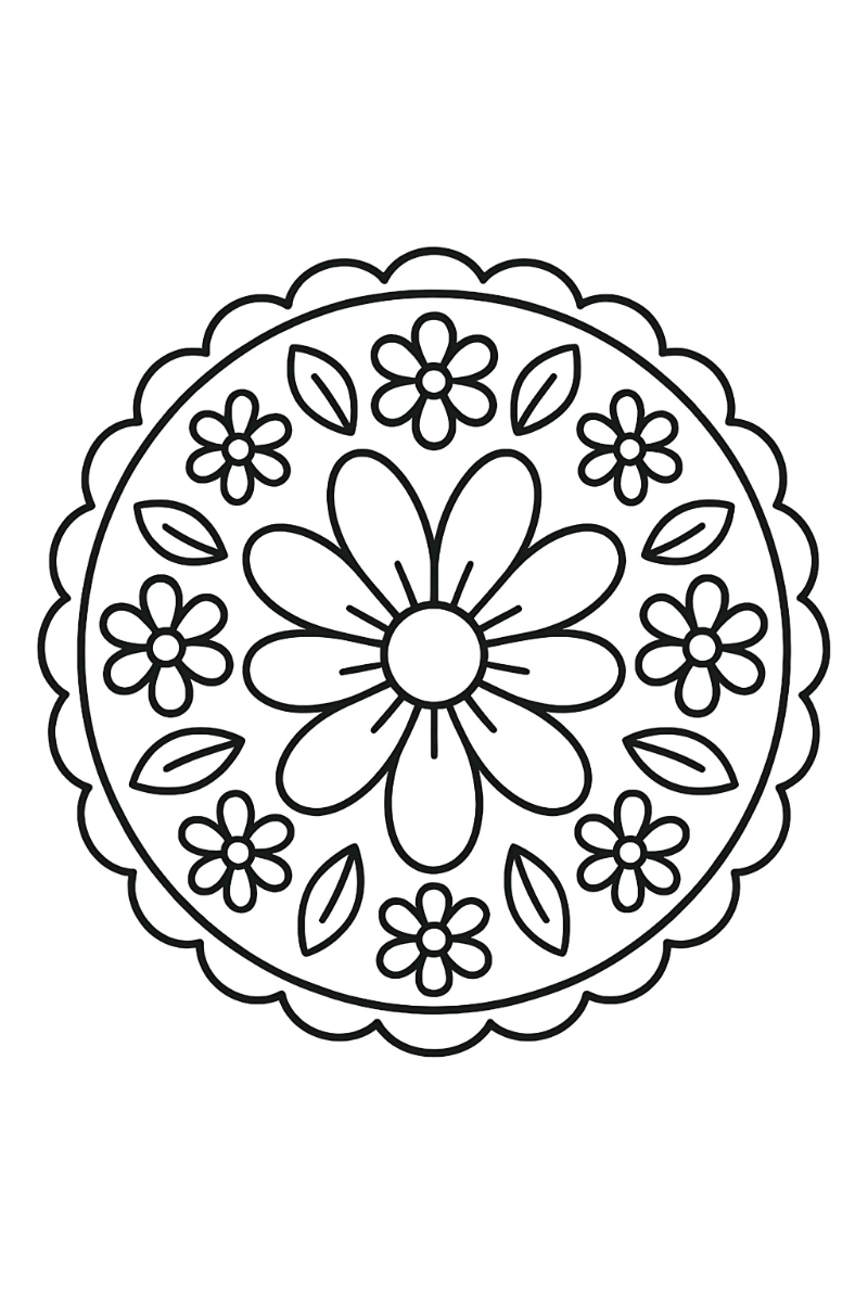 Mandalas fáciles para niños con flores grandes y hojas para colorear