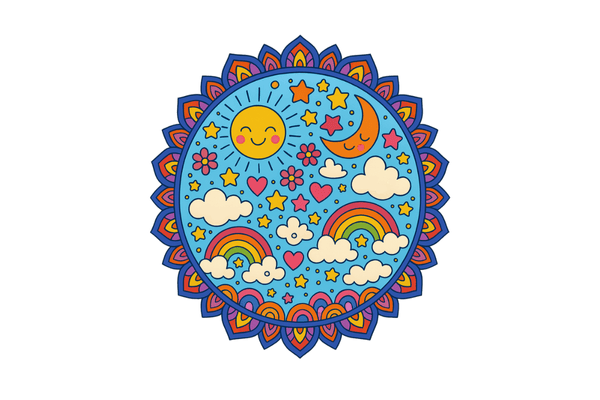 Mandala para colorear con sol, luna, nubes y arcoíris