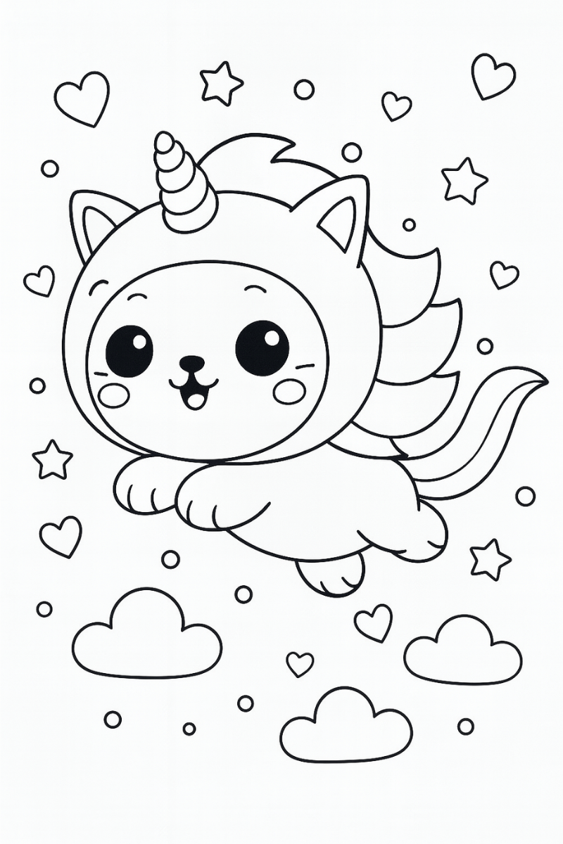 Gato unicornio dibujo kawaii para colorear