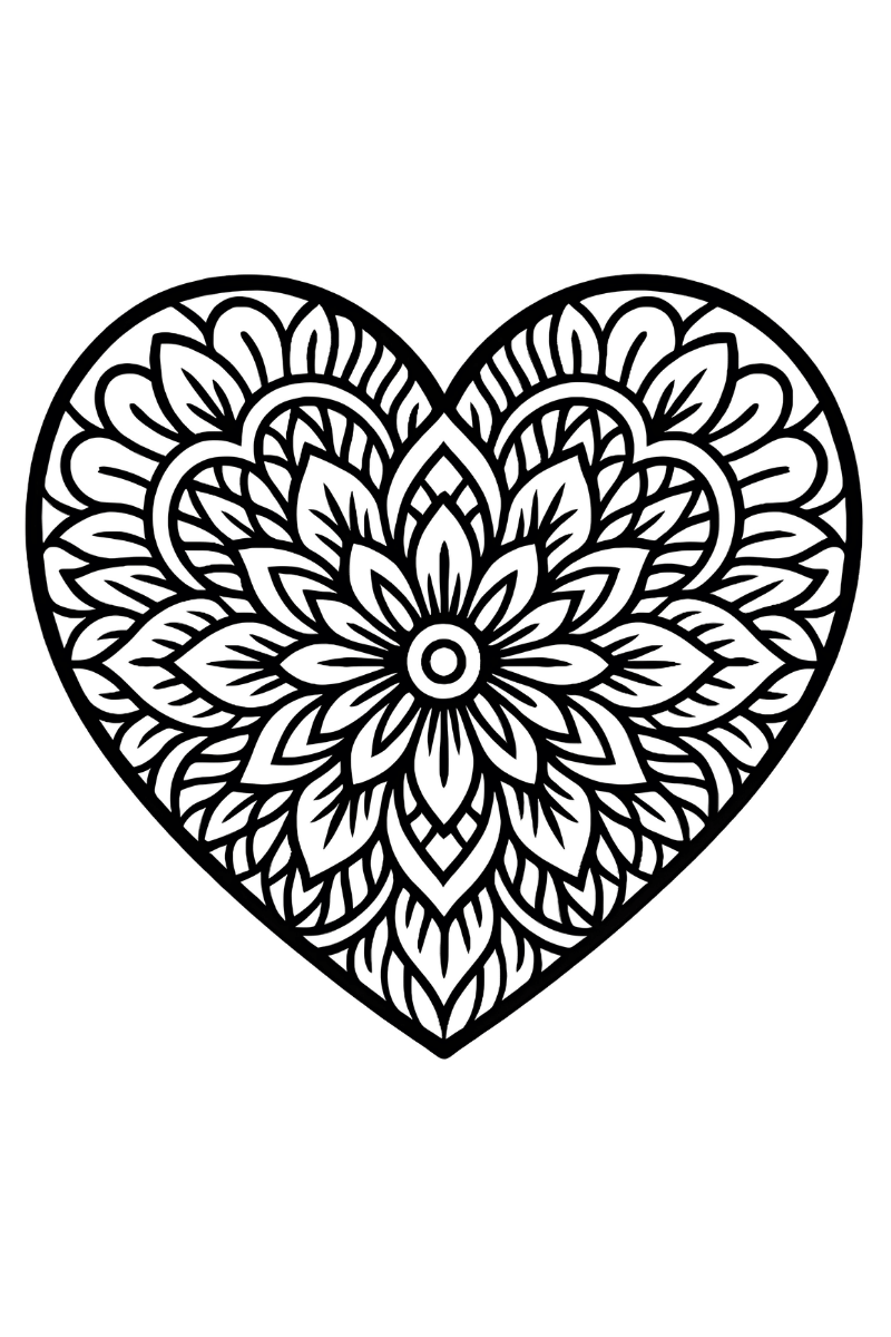 mandala de corazon para imprimir: Diseño de corazón con roseta, hojas y patrones repetidos
