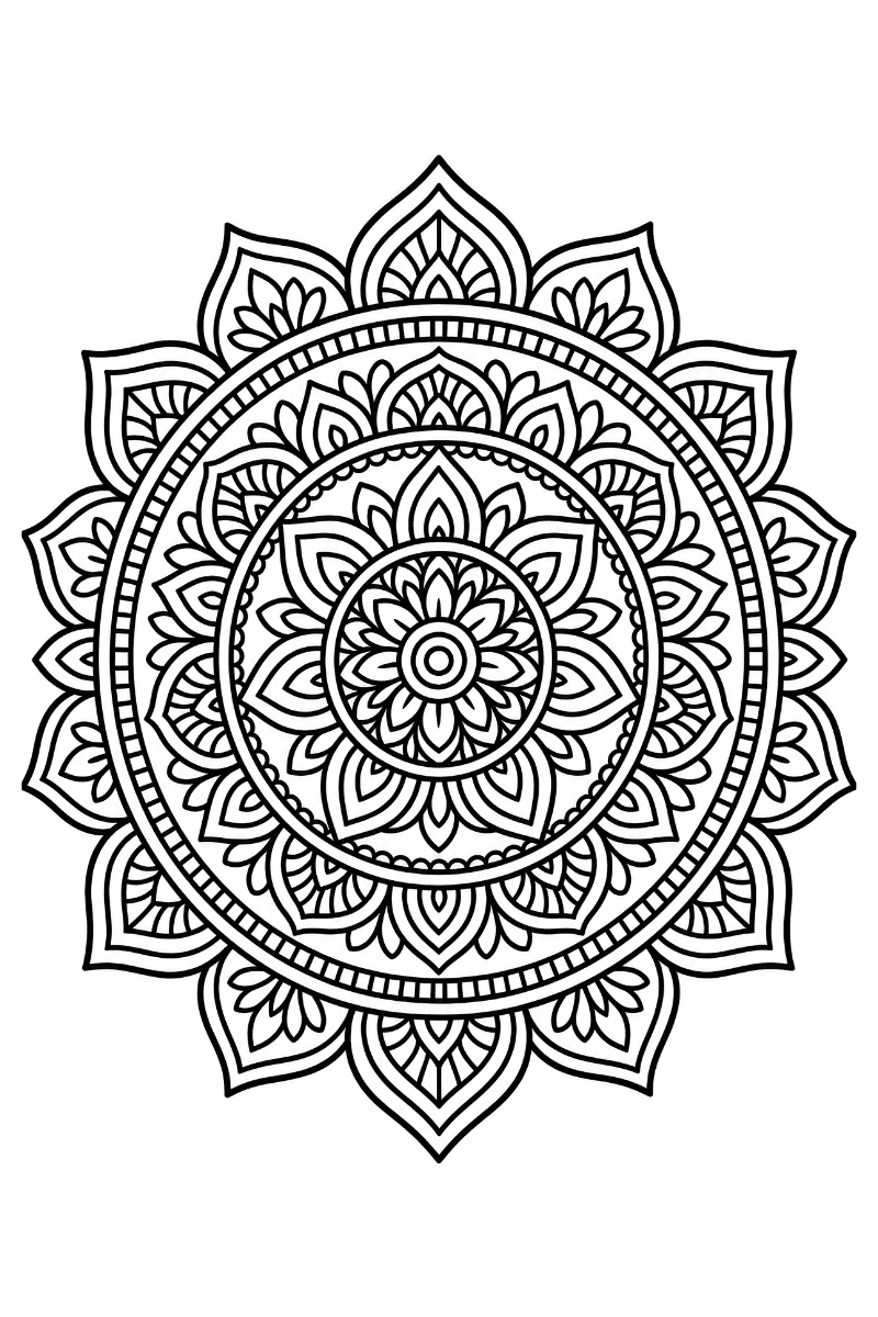 mandala dificil para colorear de flor central y anillos de hojas