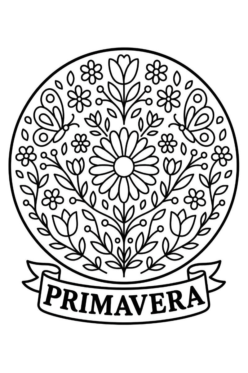 mandala primavera con flores y mariposas para colorear