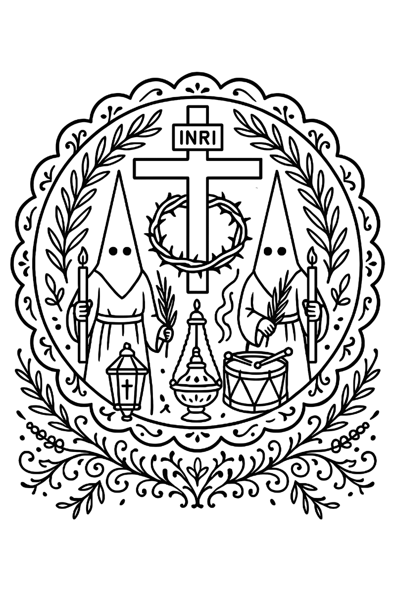 mandala semana santa con cruz INRI, corona de espinas, dos nazarenos con velas, incensario, tambor y ramas de olivo