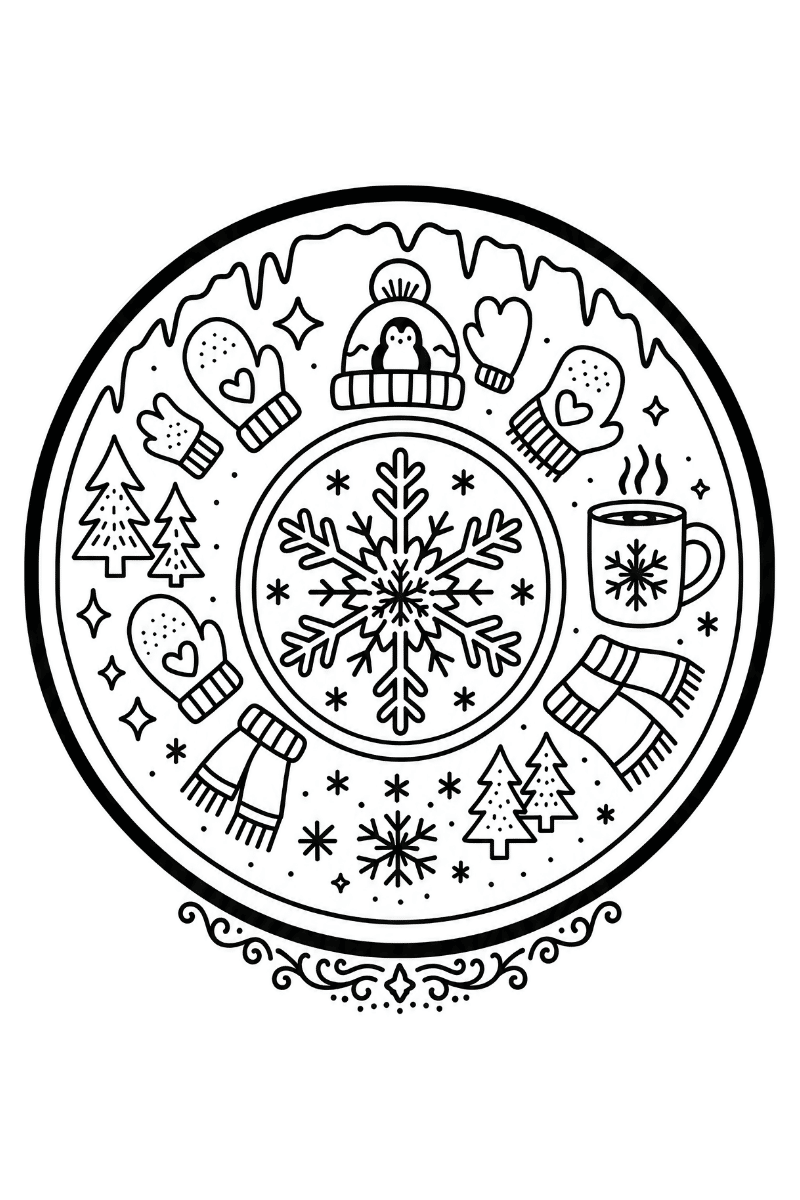 mandalas de invierno para imprimir: Copo grande rodeado de guantes, bufandas, abetos, estrellas y taza caliente