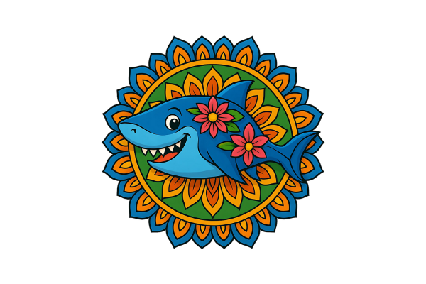 Mandalas para colorear con tiburón sonriente y detalles florales