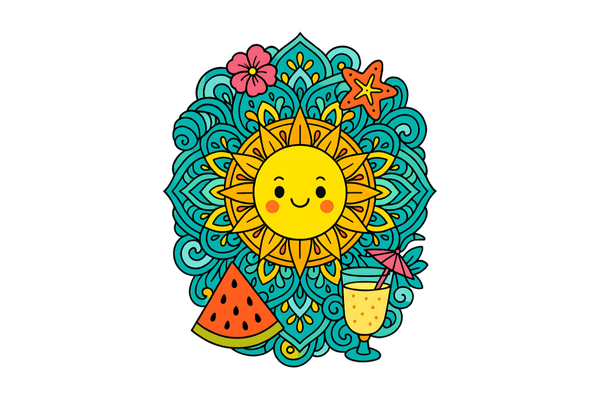 mandalas para imprimir con sol kawaii, sandía y bebida de verano