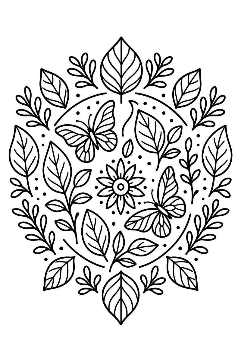 Mandalas naturaleza en PDF: Dibujo de hojas, ramas curvadas y mariposas que rodean una flor alegre