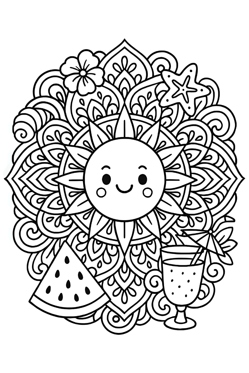 mandalas verano con sol feliz, flor tropical y estrella de mar para niños