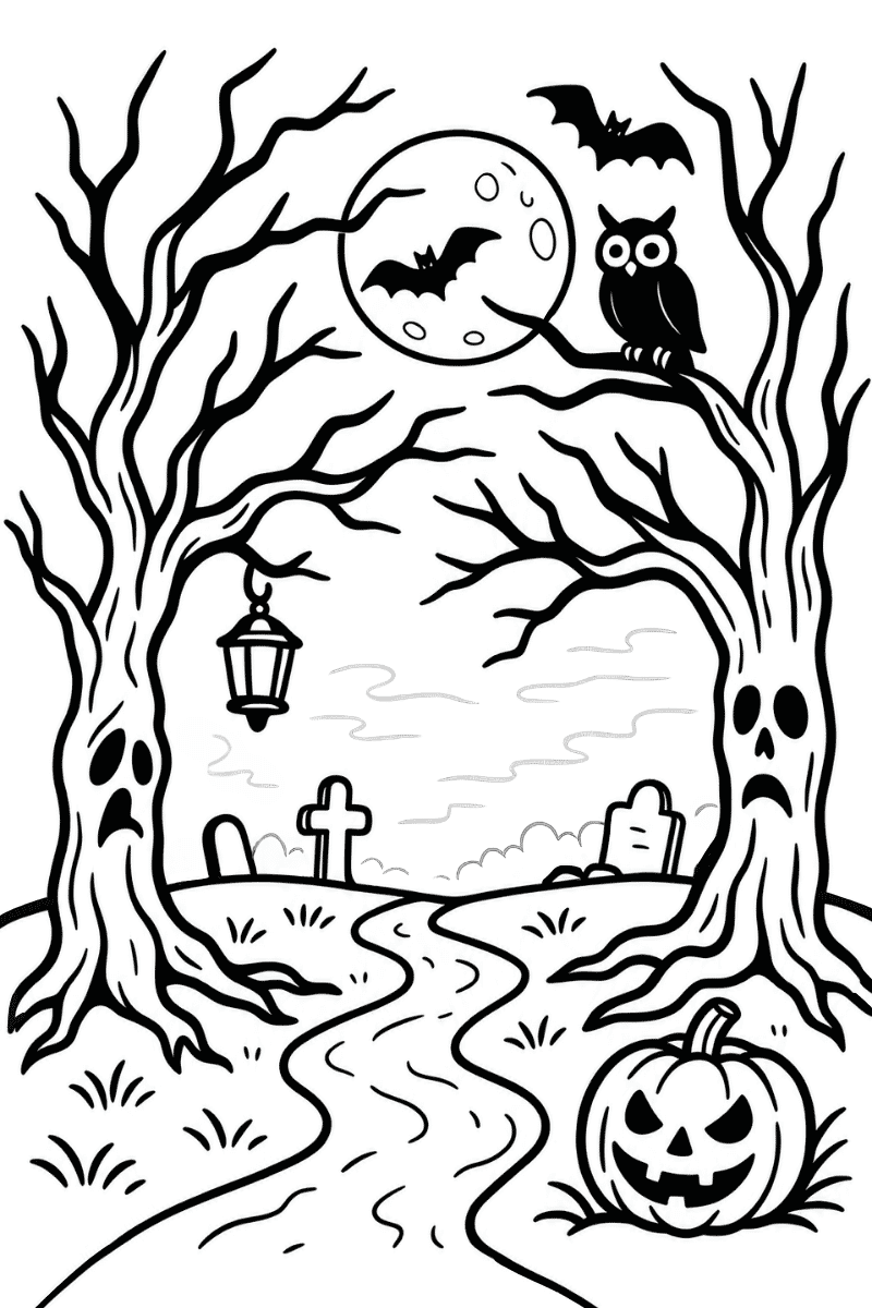 bosque tenebroso dibujo con luna, búho y murciélagos para imprimir