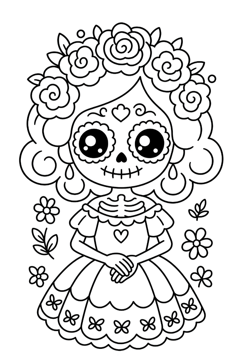 catrinas kawaii con corona de flores y vestido bonito para imprimir en A4