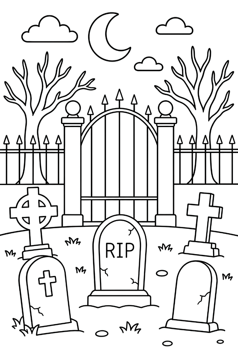 dibujo cementerio infantil con cuatro lápidas, valla y árbol bajo la luna