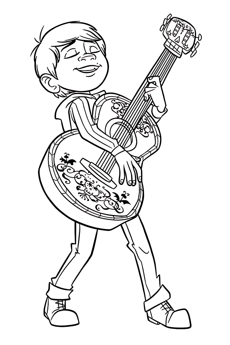 coco para colorear con niño tocando la guitarra decorada
