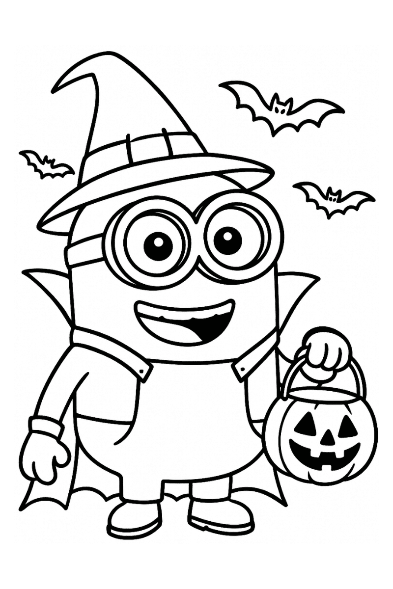 minions halloween para colorear con sombrero de bruja y cubo calabaza, listo para imprimir