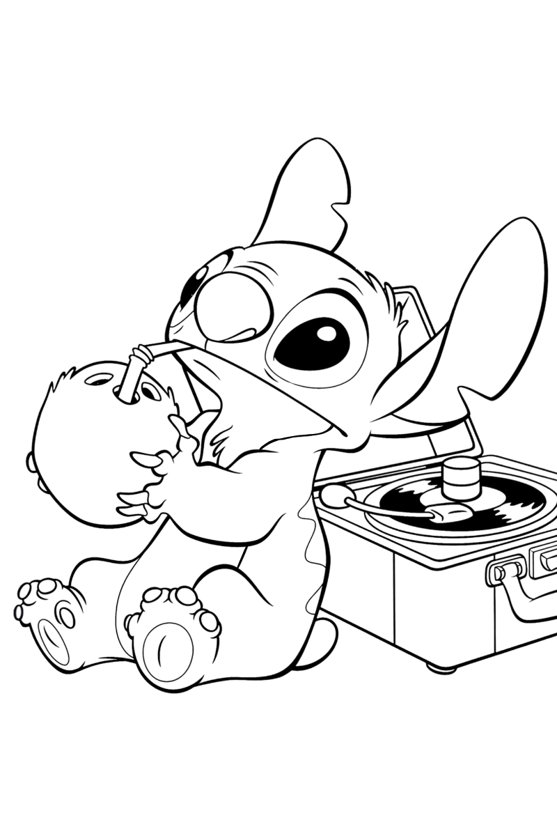 Stitch bebiendo dibujo kawaii para imprimir y colorear