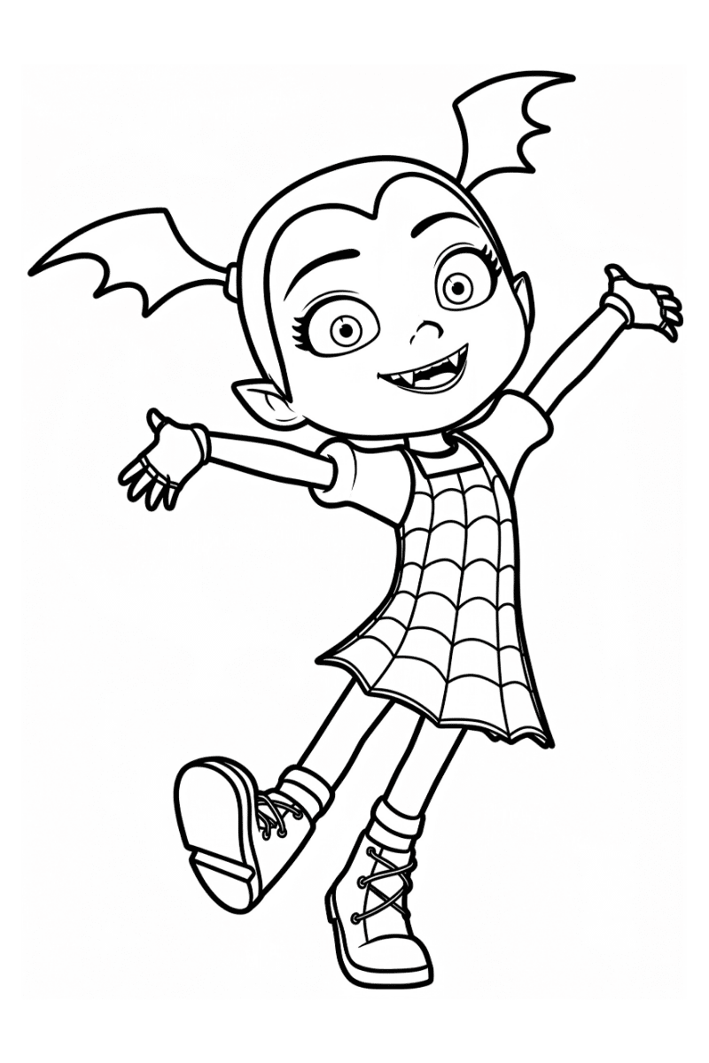 Vampirina para colorear con brazos abiertos, lista para imprimir en A4