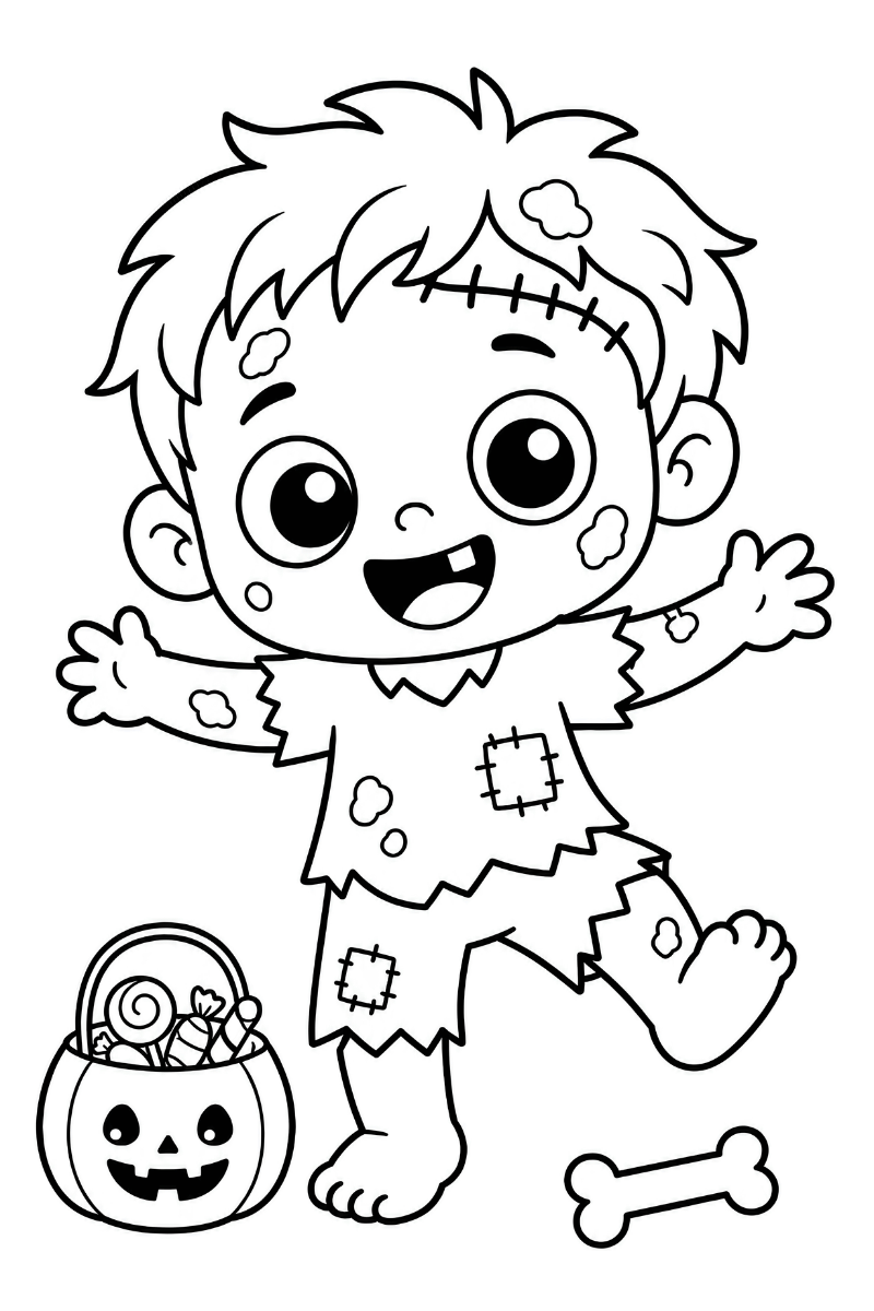 Zombie kawaii con cerebro visible y brillo de luna, listo para colorear en A4