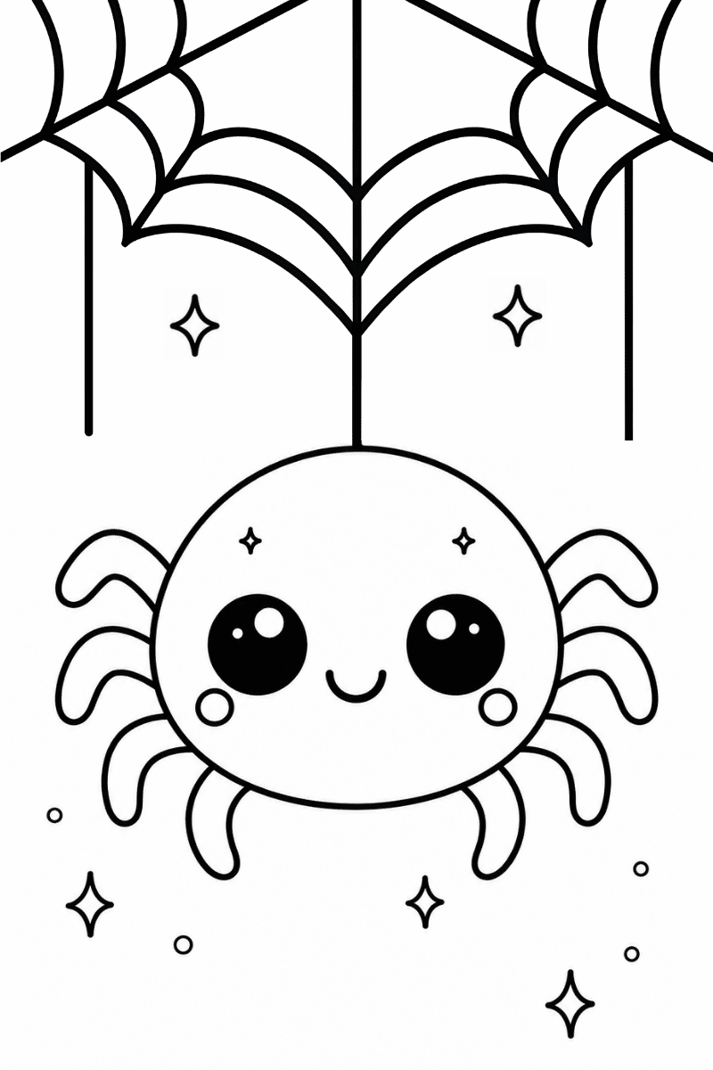 arañas kawaii colgando de una telaraña, dibujo para colorear en A4