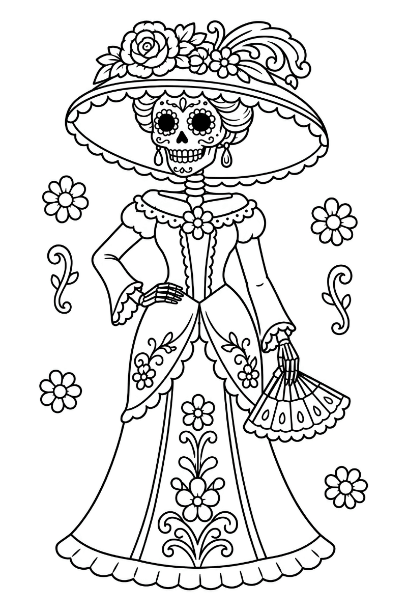 catrina para colorear con corona de rosas y abanico en A4
