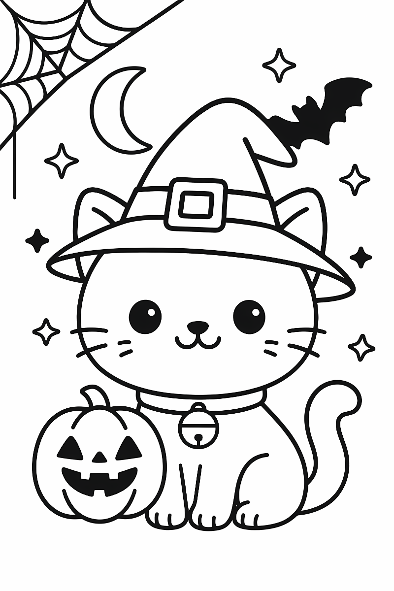 dibujos de gatos negros bajo la luna con murciélago y calabaza, listo para pintar
