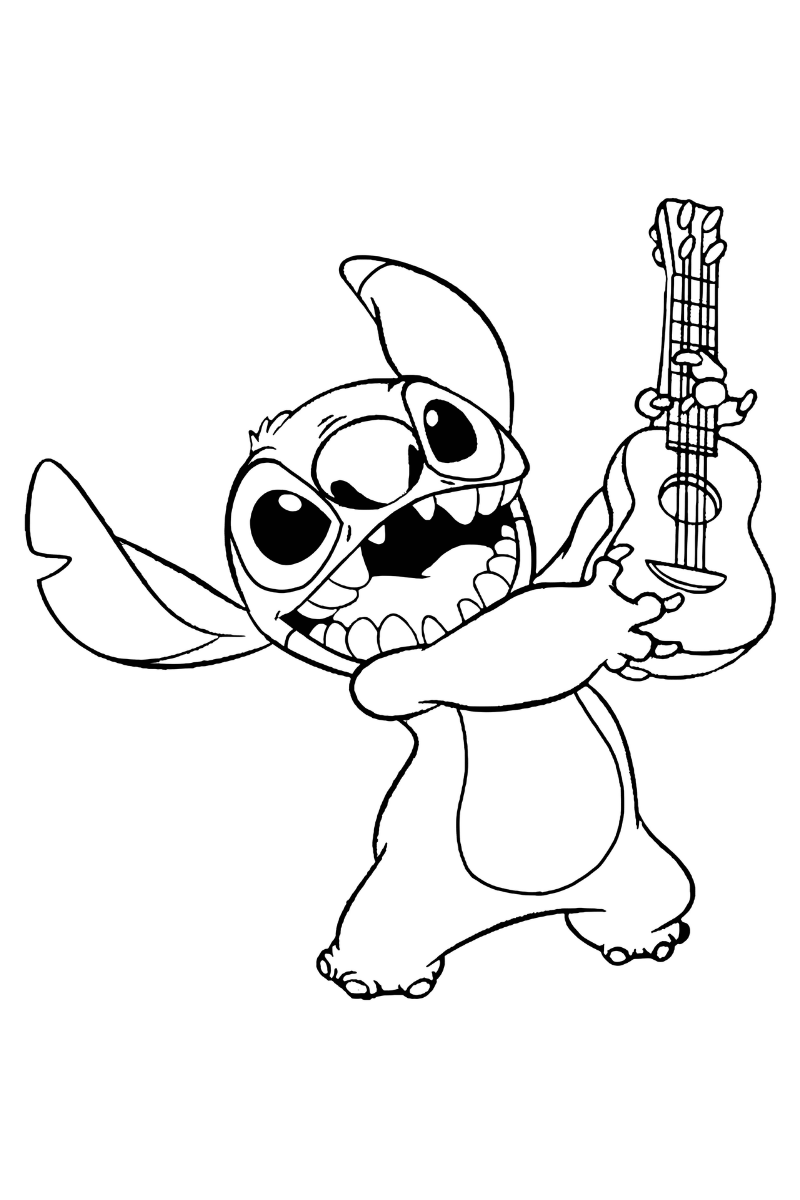 stitch con guitarra listo para colorear, con contornos claros y mirada alegre