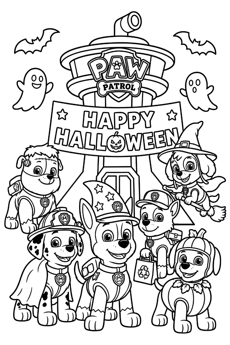 patrulla canina halloween para colorear con sombrero de bruja y cubo calabaza, lista para imprimir en A4