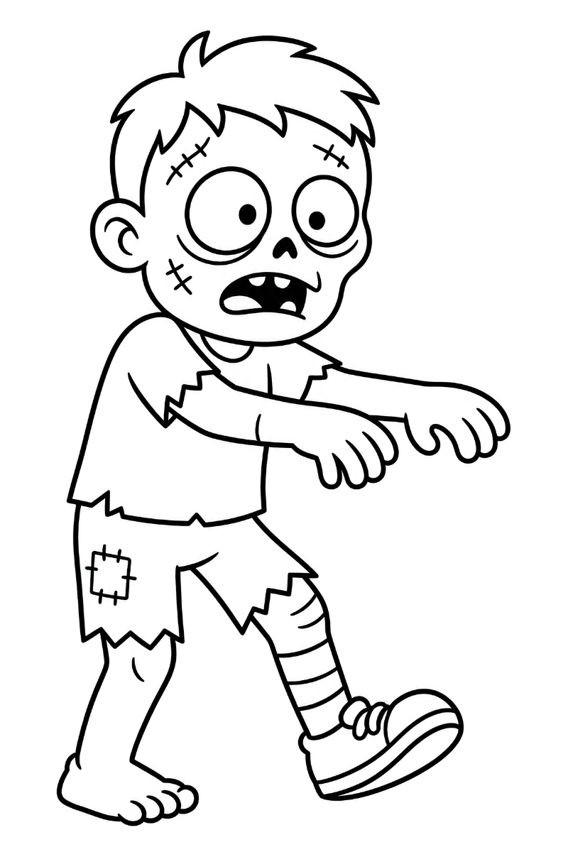 dibujo zombie para colorear infantil con costuras y parches en A4