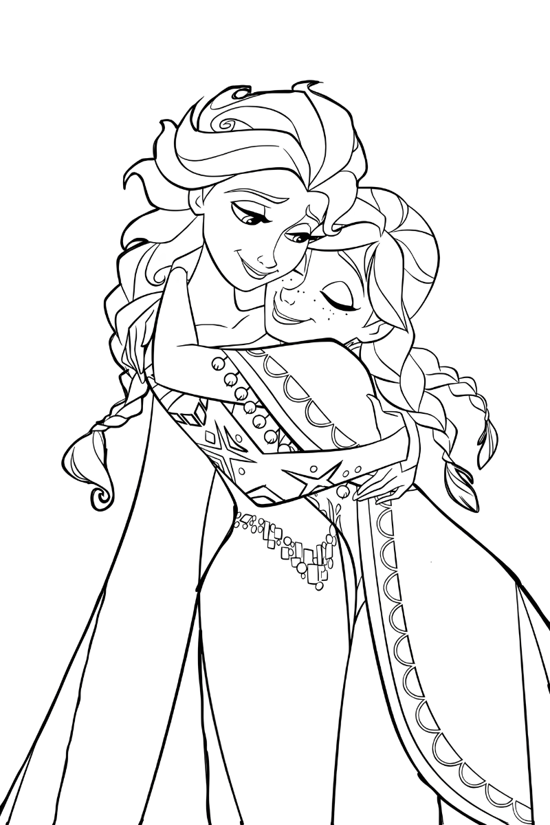 dibujos de elsa y anna para colorear e imprimir tomadas de la mano con vestidos detallados y fondo suave de estrellas