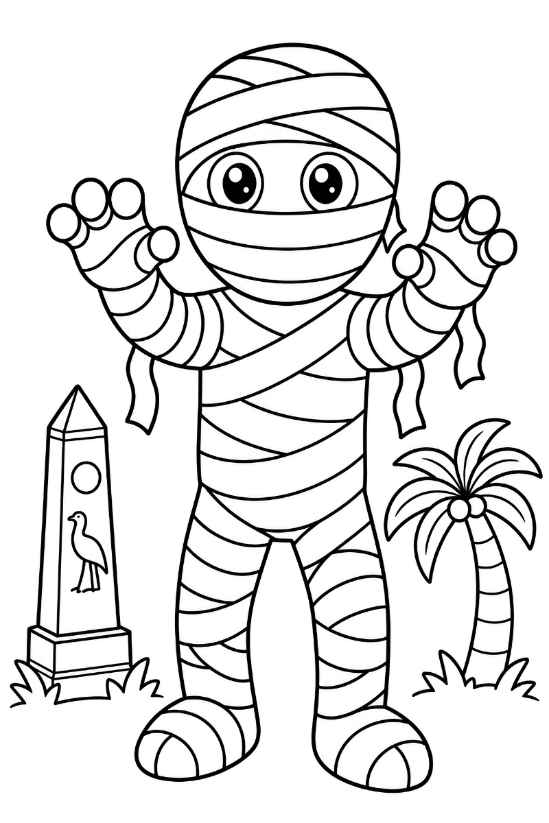 dibujos de momias con pirámides y luna para colorear en A4