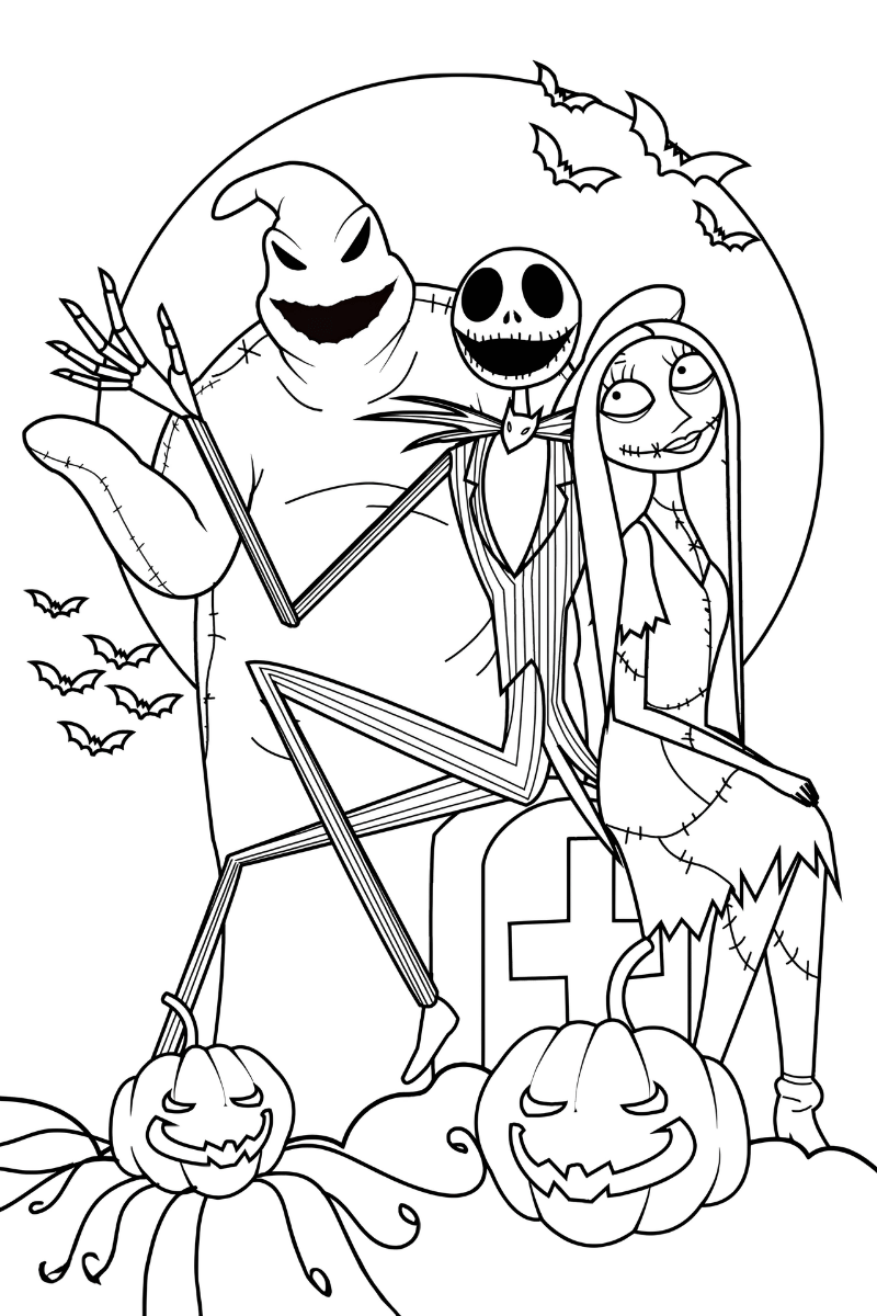 el extraño mundo de jack dibujos bajo la luna, con calabazas y murciélagos
