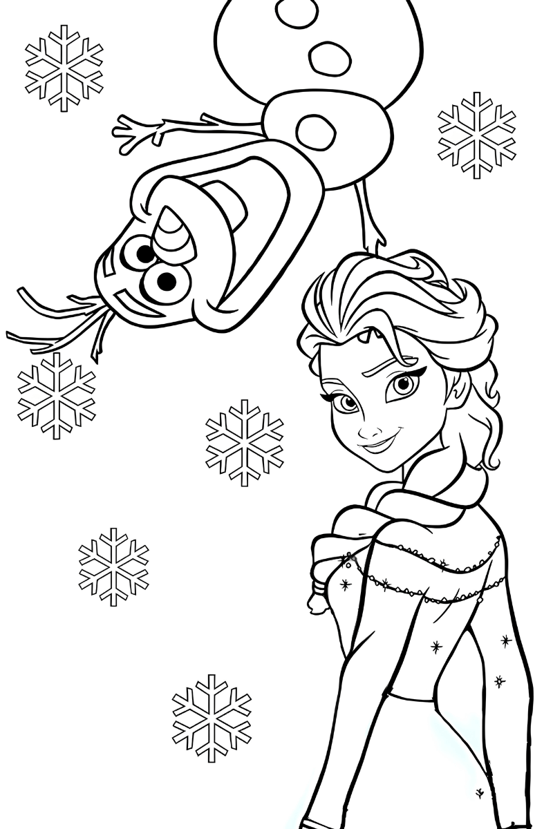 elsa y olaf para colorear e imprimir con vestidos con brillo suave y copos finos, escena alegre y clara